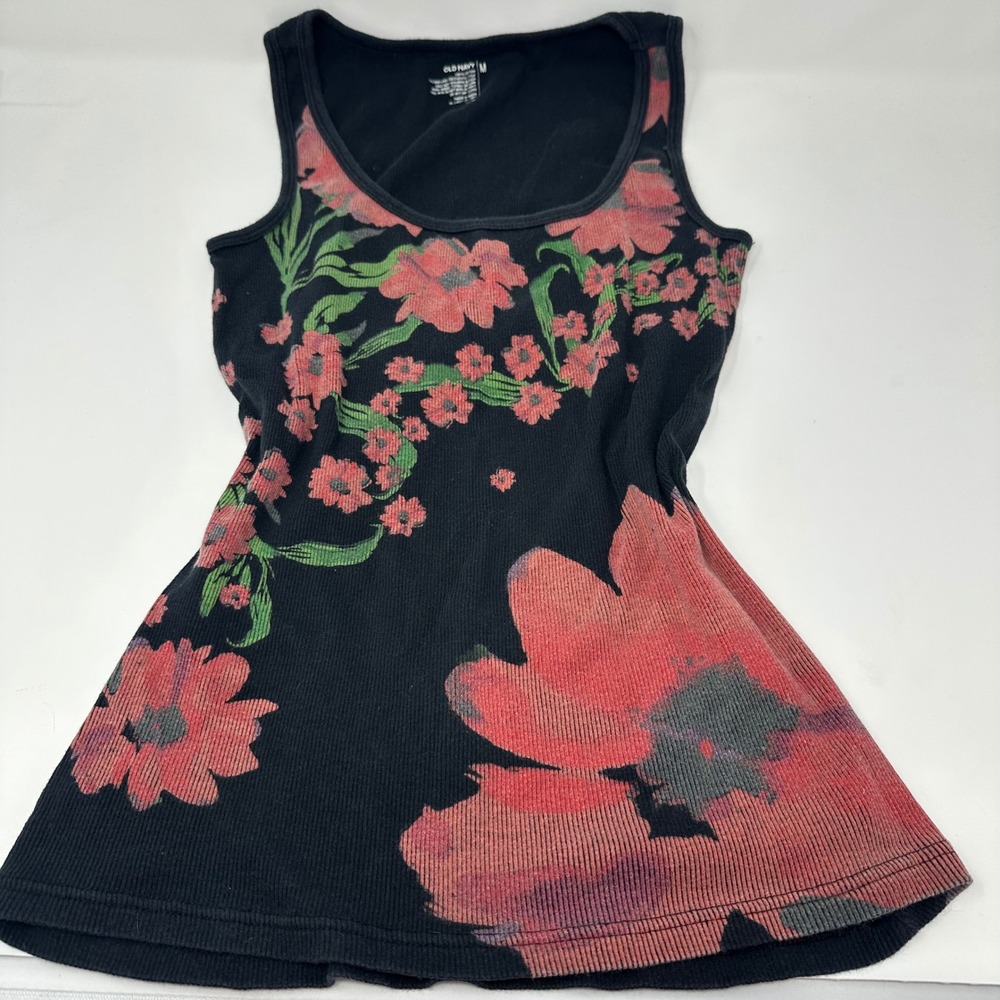 Old Navy Womens Ribbed Cotton Floral Graphic Tank Top Black Red Medium